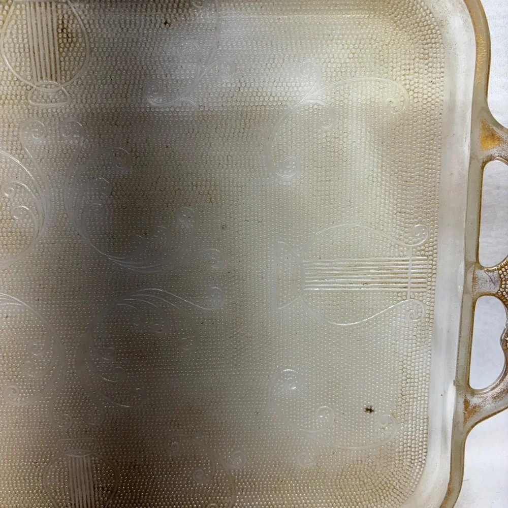 Vintage Harp Etched Glass Serving Tray with Handles‎ Ornate Floral Design